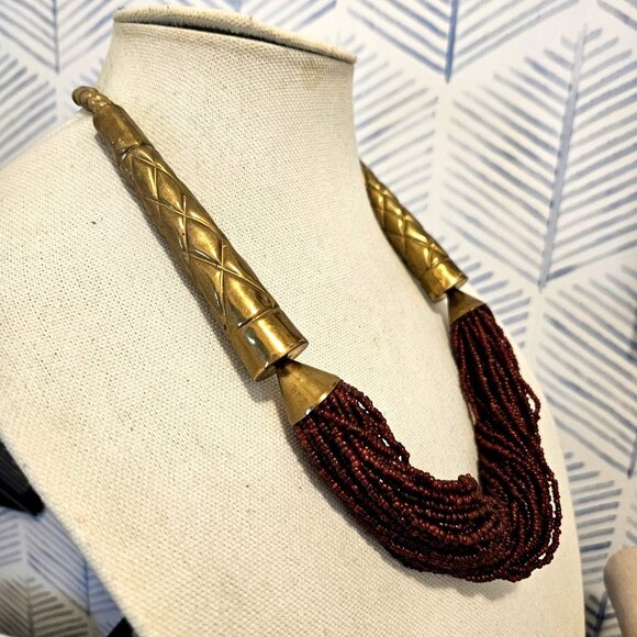 Burgundy Red Glass Seed Bead Multi-strand Twist Necklace Gold Tone Hook Clasp - Picture 3 of 4